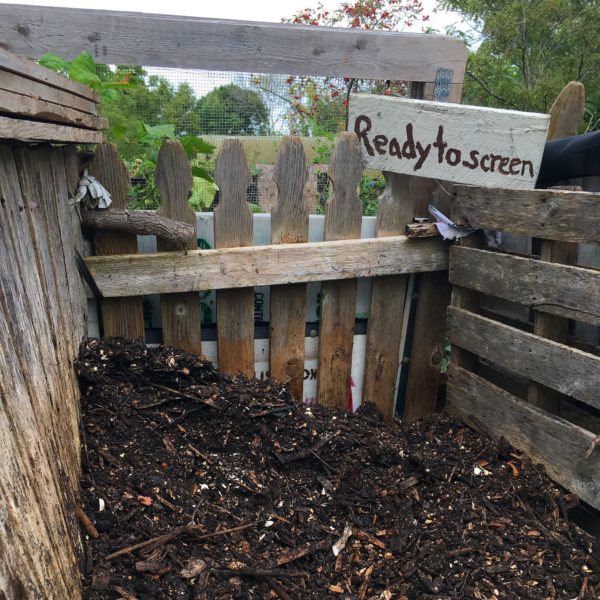 Pile of finished compost next to a sign that reads "Ready to Screen".