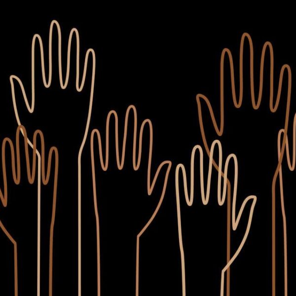 outlines of multiracial hands raised on black background
