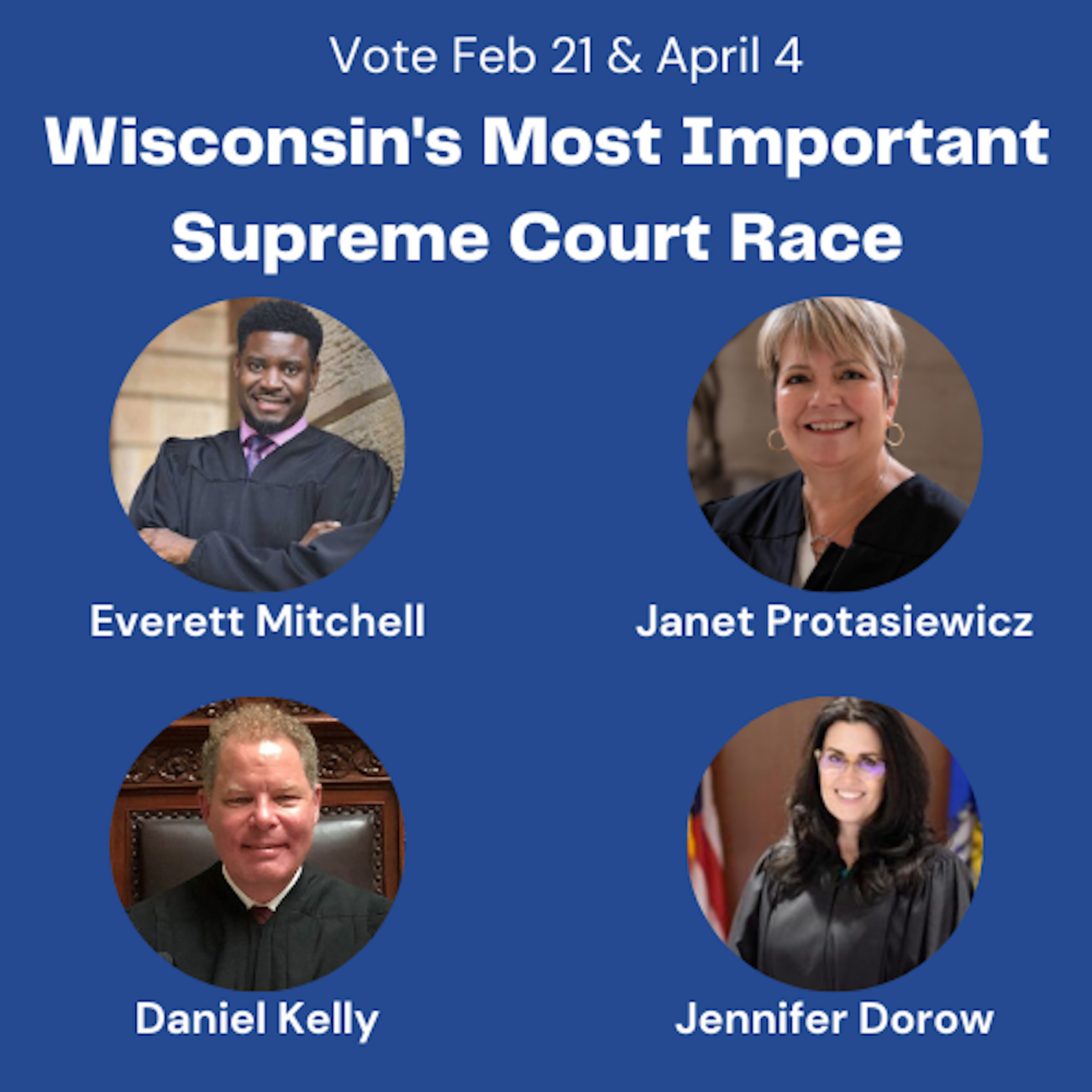 Blue banner with pictures of the 4 candidates for WI Supreme Court next to text that reads "Vote Feb 21 & April 4" and "Wisconsin's most important Supreme Court Race"