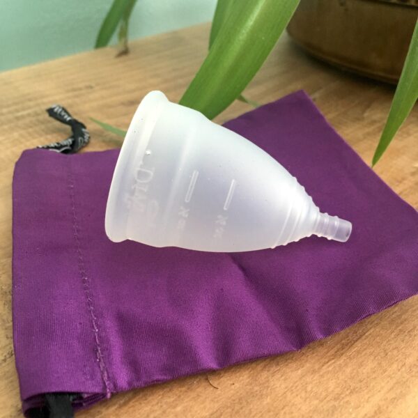 A reusable period cup sitting on a cloth purple case next to a plant in a bathroom