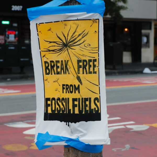 Poster taped to a telephone pole with blue painters tape that reads "Break from from fossil fuels".
